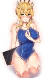 artoria_pendragon_(fate) artoria_pendragon_(lancer) artoria_pendragon_(lancer)_(fate) bangs blue_one-piece_swimsuit braid breasts clipboard collarbone competition_swimsuit fate/grand_order fate_(series) female french_braid full_body hair_between_eyes highres kawai_(purplrpouni) large_breasts one-piece_swimsuit sidelocks simple_background solo squatting swept_bangs swimsuit tiara whistle whistle_around_neck white_background