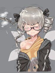 bangs black-framed_eyewear black_bow black_jacket blush bow closed_mouth commentary_request cookie_(touhou) cum cum_on_hair drill_hair facial fairy_wings female flat_chest genpatsu_(cookie) glasses grey_hair hairbow hairjob half-closed_eyes highres hood hood_down hoodie jacket luna_child man_(man-room) nose_blush off_shoulder one_eye_closed riran_youkyu short_hair solo touhou twin_drills upper_body wings yellow_hoodie