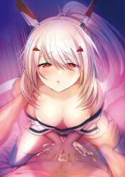 1boy areola_slip ayanami_(azur_lane) azur_lane blonde_hair breasts cleavage clothed_female_nude_male clothed_sex cowgirl_position cum female heart heart-shaped_pupils highres looking_at_viewer motion_lines noukatu nude open_mouth overflow ponytail pov red_eyes sex straddling straight symbol-shaped_pupils