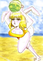 1girls ball bare_legs beach beach_ball blonde_hair breasts carrot_(one_piece) cleavage female female_only furry large_breasts legs ocean one-piece_swimsuit one_piece outdoors rabbit_girl sand solo sparkcarrot swimsuit yellow_one-piece_swimsuit yellow_swimsuit