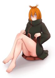 1girls absurdres ajisai_(naruto) akatsuki_(naruto) ass bare_legs barefoot black_robe bottomless breasts canon_genderswap cleft_of_venus clothes_lift cloud_print crossed_legs dress dress_lift embarrassed feet female full_body genderswap genderswap_(mtf) hair_between_eyes hands_up highres knees_up legs lifted_by_self looking_at_viewer medium_breasts medium_hair naruto naruto_(series) naruto_shippuden no_panties orange_hair pain_(naruto) piercing possessed possession purple_eyes pussy rinnegan robe robe_lift seisen simple_background sitting solo symbol-shaped_pupils thighs uncensored upskirt wavy_mouth