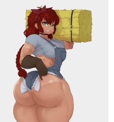 abigale abs choker farmer farmgirl gloves green_eyes hay_bale huge_ass looking_at_viewer monkeywithaafro muscular_female overalls ponytail red_hair small_shirt tagme tanlines thick_ass thick_thighs white_background