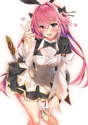 1girls astolfo_(fate) astolfo_(saber)_(fate) bangs between_legs black_bow black_bowtie black_dress black_neckwear black_ribbon blush bow bowtie breasts buttons dress fate/grand_order fate_(series) female female_only genderswap_(mtf) hair_between_eyes hair_intakes hair_ribbon hairbow heart highres juliet_sleeves kawai_(purplrpouni) layered_skirt leaning_forward long_hair long_sleeves looking_at_viewer low_twintails medium_breasts multicolored_hair oerba_yun_fang open_mouth pink_hair puffy_sleeves purple_eyes ribbon rule_63 scabbard simple_background skirt smile solo streaked_hair sword thighs twintails v weapon white_background white_skirt wide_sleeves wing_collar