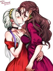2020s 2022 2girls alternate_costume alternate_hairstyle bare_shoulders braid breasts brown_hair choker closed_eyes dated dorothea_arnault dress edelgard_von_hresvelg female female_only fire_emblem fire_emblem:_three_houses fire_emblem_warriors:_three_hopes grey_hair hug kissing long_hair medium_breasts minacream multiple_girls nintendo official_alternate_costume official_alternate_hairstyle ponytail shoulders small_breasts yuri