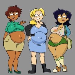 3girls aged_up amphibia amphibia_(finale) anne_boonchuy big_belly big_breasts black_hair blonde_hair brown_hair canon_age_up commission dark-skinned_female dark_skin disney disney_channel female female_focus female_only light-skinned_female light_skin marcy_wu mature_female multiple_pregnancies older pixelzsinful pregnant sasha_waybright short_brown_hair short_hair triple_pregnancy wide_hips