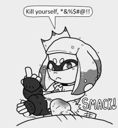 angry_face bahamutgreen black_and_white bullying cbt cock_and_ball_torture female female_focus femdom flipping_viewer_off genital_torture insulting_viewer micropenis middle_finger pearl_(splatoon) pov precum slap slap_mark slapping_penis small_penis small_penis_humiliation splatoon splatoon_(series) splatoon_2 suicide_encouragement text text_bubble