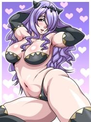 1girls arms_behind_head bare_thighs black_panties bra breasts camilla_(fire_emblem) cleavage female female_only fire_emblem fire_emblem_fates hair_over_one_eye horns inabakun00 large_breasts long_hair nintendo panties pink_eyes plump pose purple_hair solo thick_thighs thighhighs thighs underwear