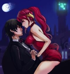 1boy 1girls ambiguous_penetration animated ass ass_focus backless_dress backless_outfit bouncing_on_lap clothed_sex cum cum_inside dress_pulled_up grinding holding_hands lie_ren minacream nipples_visible_through_clothing no_sound pokies ponytail pyrrha_nikos red_dress red_hair rwby segal03 straddling tuxedo video