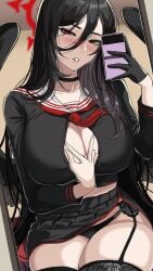 1girls 2022 black_hair black_wings blue_archive blush breasts cellphone choker clavicle cleavage curvy_female dark_hair drogod_(artist) feathered_wings female female_only garter_belt garter_straps hair_between_eyes half-closed_eyes halo hasumi_(blue_archive) head_tilt hips huge_breasts justice_task_force_(blue_archive) kneeling large_breasts light-skinned_female light_skin long_hair looking_at_viewer mole mole_under_eye necktie official_alternate_costume panties parted_lips plump_thighs presenting presenting_breasts red_eyes sailor_collar school_uniform selfie serafuku single_glove sitting skirt slim_waist solo stockings thick_thighs thighhighs thighs trinity_general_school_student underwear very_long_hair voluptuous voluptuous_female wide_hips wings