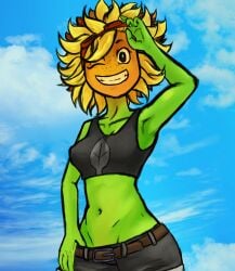 1girls anthro anthro_only anthrofied armpits bare_shoulders black_eyes breasts cacpillow clothed clothes clothing crop_top cropped_shirt dress female female_only flora_fauna fully_clothed game genitals green_skin hips humanoid jeans nipples orange_nipples plant plant_girl plant_humanoid plants_vs_zombies plants_vs_zombies:_heroes pov short smile smiling solar_flare_(pvz) solo solo_female sunflower_(pvz) thick thick_thighs thighs wide_hips yellow_hair yellow_sclera