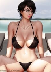 1girls 2015 bayonetta bayonetta_(character) bayonetta_2 beach big_breasts bikini black_hair breasts cleavage earrings female female_only fully_clothed glasses revealing_clothes short_hair solo swimsuit yupachu