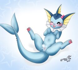 anus blue_body blue_eyes blush cute_expression eeveelution eyewear female feral generation_1_pokemon genitals glasses hi_res nennachan nintendo one_eye_closed png pokemon pokemon_(species) pokemon_only pussy simple_background solo spread_legs spreading vaporeon video_games