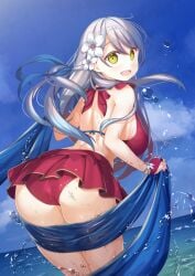 1girls :d alternate_costume ass back back_view bangs bare_back bare_shoulders bikini bikini_skirt blue_scarf blue_sky breasts bubble cowboy_shot female female_only fingerless_gloves fire_emblem fire_emblem:_radiant_dawn fire_emblem_heroes flower gloves grey_hair hair_flower hair_ornament hair_ribbon half_updo large_ass large_breasts long_hair looking_at_viewer looking_back micaiah_(fire_emblem) micaiah_(summer)_(fire_emblem) microskirt nintendo official_alternate_costume open_mouth red_bikini red_gloves red_swimsuit ribbon scarf sideboob skirt sky smile solo swimsuit thighs to_kifa towel water wet wet_clothes yellow_eyes