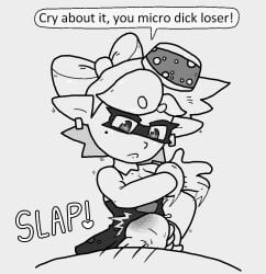 angry_face bahamutgreen black_and_white bullying cbt cock_and_ball_torture female female_focus femdom insulting_viewer marie_(splatoon) micropenis pouting pov precum slap slap_mark slapping_penis small_penis small_penis_humiliation splatoon splatoon_(series) text text_bubble