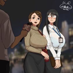 1boy 2girls bag big_breasts black_hair blue_bra blush bra_visible_through_clothes breasts busty curvaceous curvy curvy_body curvy_female female female_focus fogged_glasses glasses huge_breasts human id_card lanyard large_breasts long_hair neckwear office_lady original original_characters pale_skin voluptuous xshuai