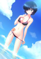 2013 beach bikini black_hair color digital_media_(artwork) dutch_angle green_eyes hi_res nazo_no_kanojo_x one_eye_covered outdoors pulling_down_panties scissors string_bikini teasing teasing_viewer urabe_mikoto wading waruiga