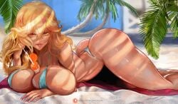 1girls 2022 artofalva beach big_ass big_breasts big_butt blonde_hair blue_bikini bulging_breasts cutesexyrobutts_(style) high_resolution long_hair looking_at_viewer micro_bikini milf original original_character solo solo_female tagme thong