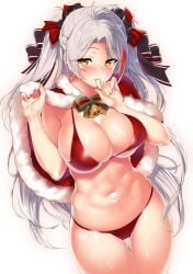 antenna_hair azur_lane bangs bell bikini blush bow breasts brown_eyes capelet christmas cleavage commentary_request female fur-trimmed_capelet fur_trim groin hair_ribbon hairbow hand_up highres kawai_(purplrpouni) large_breasts long_hair looking_at_viewer multicolored_hair navel prinz_eugen_(azur_lane) red_bikini red_capelet red_hair ribbon santa_bikini shiny shiny_skin silver_hair skindentation smile solo stomach streaked_hair swept_bangs swimsuit thigh_gap thighs two_side_up very_long_hair white_background