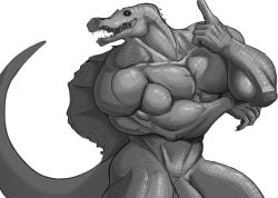 5_fingers abs anthro ass barazoku biceps dinosaur fingers genitals greyscale hi_res long_tail looking_at_viewer male male_only monochrome muscular muscular_anthro muscular_male open_mouth pecs penis pinumontbalou pose reptile scales scalie smile solo spinosaurid spinosaurus teeth theropod