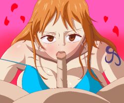 animated animated_gif anime anime_style bikini bikini_top blowjob blue_bikini blue_bikini_top blush blushing_at_viewer earring earrings eye_contact eyelashes female female_focus half_naked licking licking_penis licking_penis_tip lips looking_at_viewer male naked_male nami one_piece orange_eyes orange_hair penis penis_out pov reavealing romantic romantic_ambiance romantic_sex straight teasing teasing_penis teasing_viewer tongue tongue_out