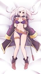 1girls absurdres alternate_costume alternate_eye_color ass_visible_through_thighs belt bikini black_eyes blush breasts brown_gloves closed_mouth collarbone commission cute dakimakura_(medium) dakimakura_design female female_only fire_emblem fire_emblem_awakening fire_emblem_heroes fizintine gloves highres large_breasts looking_at_viewer lying navel nintendo o-ring o-ring_bikini o-ring_top official_alternate_costume on_back purple_bikini purple_swimsuit robin_(female)_(summer)_(fire_emblem) robin_(fire_emblem) robin_(fire_emblem)_(female) smile solo swimsuit twintails white_hair