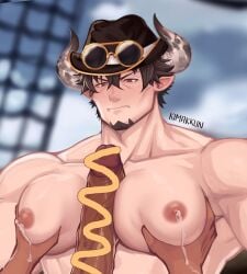 2boys absurdres artist_name bar_censor bara barawa between_pectorals blush brown_eyes brown_hair closed_mouth disembodied_hands disembodied_penis draph erection eyewear_on_head facial_hair foreskin foreskin_folds fully_retracted_foreskin gay gloves goatee granblue_fantasy hat highres horns humanoid humanoid_penis kimakkun large_pectorals male male_lactation male_nipples male_only muscles muscular_male pecjob pectorals penis pointy_ears short_hair smile smoking_pipe solo_focus sunglasses sunglasses_on_head uncut veiny_penis yaoi