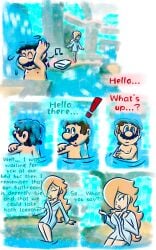 bathroom bigger_female blonde_hair blue_eyes blush blushing comic comic_page couple cyan_eyes dialogue english_text eyes_half_open female long_hair male male/female mario mario_(series) nude nude_male princess_rosalina romantic_couple seductive seductive_eyes seductive_look seductive_smile smaller_male super_mario_galaxy surprised taking_a_bath text water wet wet_body