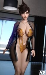 1girls 3d abs big_breasts blizzard_entertainment breasts female female_only hagiwara_studio lingerie muscular muscular_female open_robe overwatch pose robe solo_female thick_thighs tracer