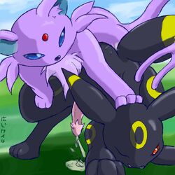 barbs blue_eyes cum cumshot doggy_style eeveelution espeon fur furry_ears furry_tail gay hiroi_kairu male nintendo one_closed_eyes orgasm pokemon pokemon_(species) red_eyes tail umbreon wink