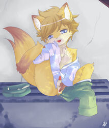 anus balls blue_eyes canine censored chest_tuft fingering fox fur kurogitsune male masturbation nipples pants_pull penis