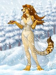 anthro bra breasts cheetah dress feline female female_only fur hyhlion meow outdoors panties pussy see-through see-through_bra see-through_dress see-through_panties shrug skimpy snow solo