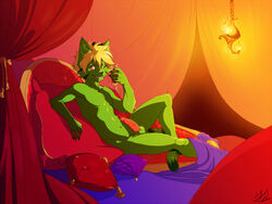 anthro augi balls bed claws feline green male male_only nude solo stripes wine