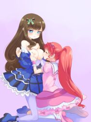 2girls blue_eyes blush boots breast_grab breast_sucking breasts brown_hair dress dress_pull female hair_ornament highres kneehighs kneeling kurosu_aroma long_hair multiple_girls nipples pantyhose ponytail pripara red_hair shiratama_mikan takano_natsuki thighhighs tied_hair yuri