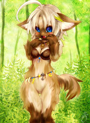 1girls ahoge blonde_hair blue_eyes blush bottomless breasts brown cleavage cute_fang feline female female_only forest furry hair looking_at_viewer midriff multicolored_hair nature no_panties open_mouth solo standing tail tetetor-oort tree white_hair