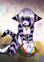 1girls ball bell blue_eyes blush breasts collar cute_fang facial_markings feline female female_only hair kneeling looking_at_viewer nude purple pussy short_hair solo stripes tail tetetor-oort white_hair