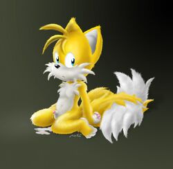 1boy 2007 anthro blue_eyes canine cum dmilesfox fox fur furry kitsune male male_only multiple_tails penis sitting solo sonic_(series) tail tails yellow