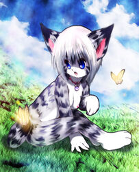 1girls blue_eyes breasts butterfly cute_fang feline female female_only grass hair karin necklace nude sitting sky solo tetetor-oort white_hair