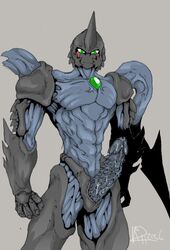 1boy barbs cum erection green_eyes horns looking_at_viewer male male_only monster muscles nude penis precum reho solo standing