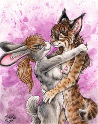 anthro bobcat breasts closed_eyes cute female friends fur furry hug lagomorph love nipples nose_to_nose nude nuzzle pussy rabbit silentravyn tail yuri