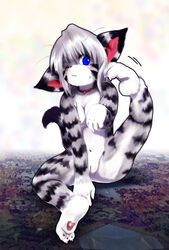 1girls bell blue_eyes breasts claws cleavage collar face_markings feline female female_only karin nude one_closed_eye pawpads sitting solo stripes tail tetetor-oort whiskers