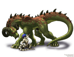 anthro_bestiality balls blue_eyess blue_hair brown_eyes claws dinosaur dragon gay hair horns imminent_rape interspecies male mythical nude penis precum scalie size_difference slate_(artist) spikes tail vaalkk_(character)