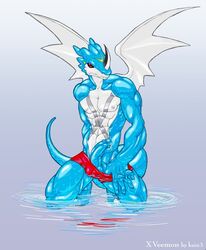 1boy balls claws cum digimon dragon erection exveemon face_markings horns kain3 looking_at_viewer male male_only markings muscles nude penis poking_out precum presenting red_eyes reptile scalie solo swimsuit tail wings xbuimonsama