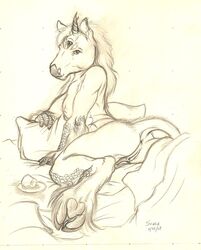 2008 alessio_scalerandi anus breasts equine female hooves horns hybrid kirin multi_eye nude pillows pussy raised_tail scalie sketch solo tail teacup unicorn