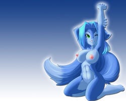 anthro big_breasts blue_fur blue_hair breasts canine female fur furry kilika looking_at_viewer nude one_closed_eye spazzykoneko wink