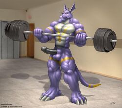 1boy 2008 balls braford digimon dragoneer_(character) erection exercise furry male male_only muscles penis scalie sheath solo weightlifting