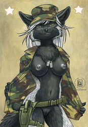 2009 anthro belt black_fur black_nose bottomless breasts camo canine casual chest_tuft claws dog_tags fangs female female_only fox front_view fur furry_breasts furry_ears furry_tail grey_fur grey_nipples gun hair holster kacey legwear mammal military navel neckwear nipples nude open_clothes open_shirt outerwear pistol pussy red_panda reverse_countershading smile solo standing star tactical_nudity tail weapon yellow_eyes