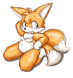 blue_eyes blush breasts canine chest_tuft chubby color female female_only fox fur furry kitsune kneeling miles_prower multiple_tails nipples orange orange_fur pussy rule_63 solo sonic_(series) tail ten white_fur