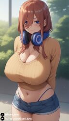 ai_generated blue_eyes brown_hair cleavage denim_shorts g_string go-toubun_no_hanayome gumi_arts headphones_around_neck huge_breasts looking_at_viewer nakano_miku navel outdoors smile stable_diffusion sweater thick_thighs
