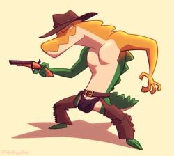 anthro bulge casual chaps clothed clothing crocodilian firearm genitals glitch_productions gummigoo_(the_amazing_digital_circus) gun hat headgear headwear hi_res male male_only midnightroad penis penis_base ranged_weapon reptile scalie shotgun solo the_amazing_digital_circus topless underwear weapon