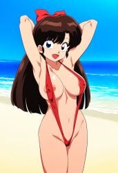 ai_generated beach blue_eyes brown_hair female hairbow large_breasts nipples novelai ranma_1/2 sling_bikini slingshot_swimsuit solo solo_female ukyo_kuonji